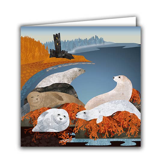 Blank Greeting Card "Seals and Scottish Castle"