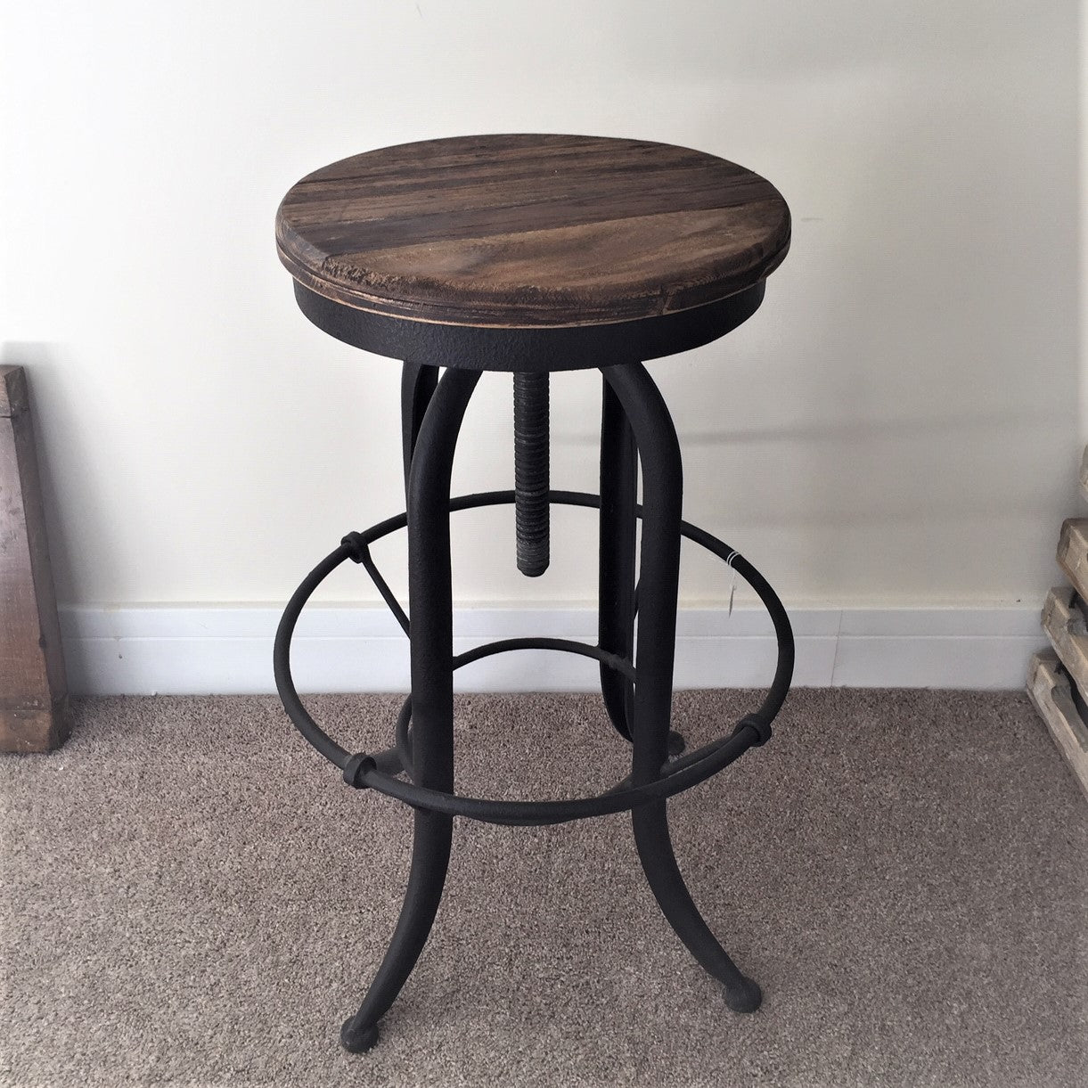 Cast Iron and Elm Adjustable Stool.