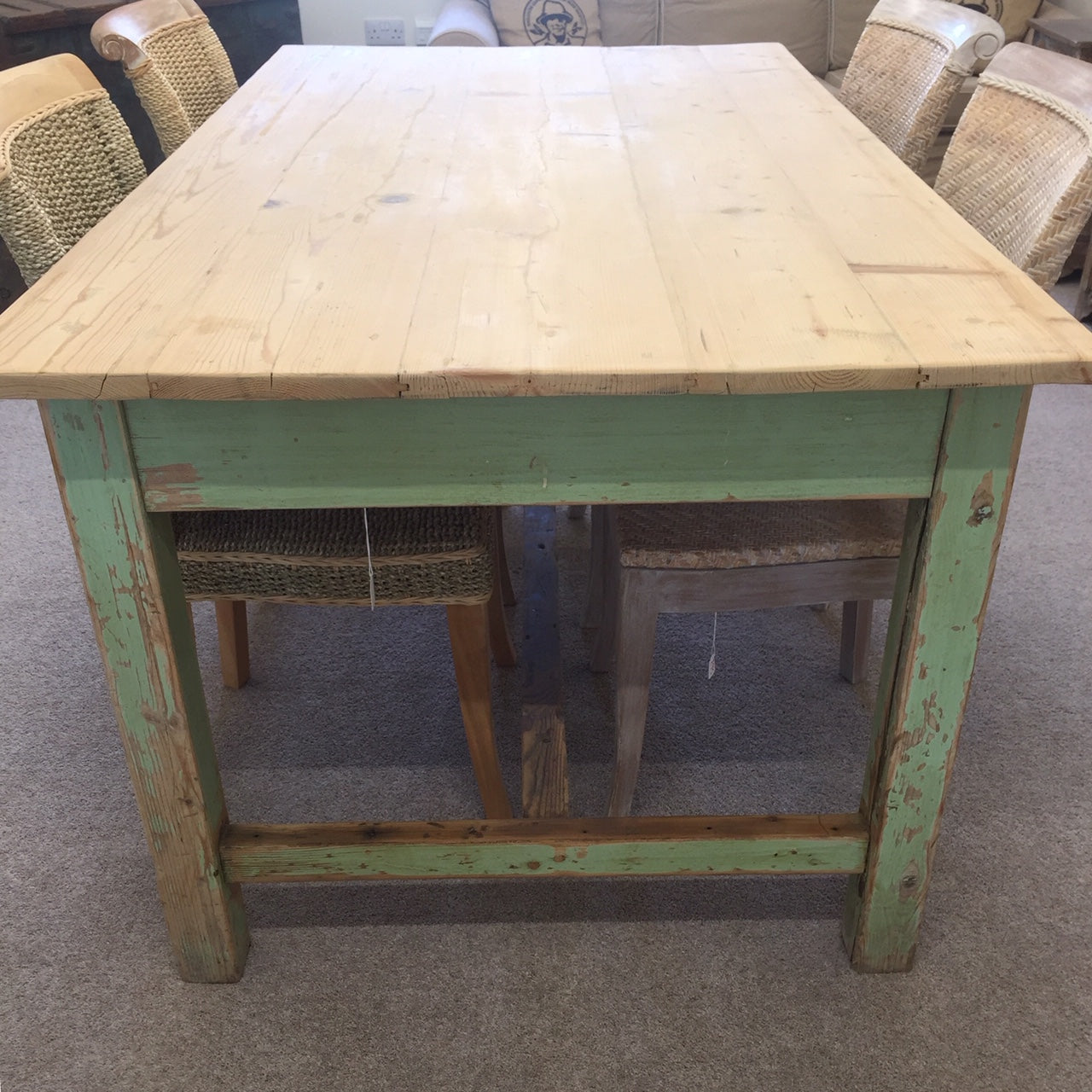 Vintage Pine Table With Green Painted Legs.