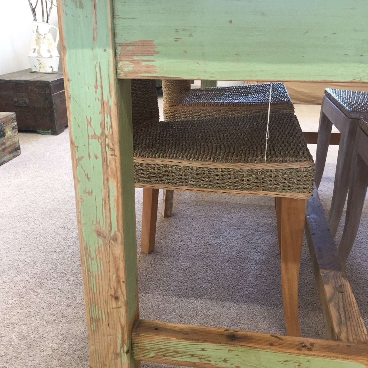 Vintage Pine Table With Green Painted Legs.